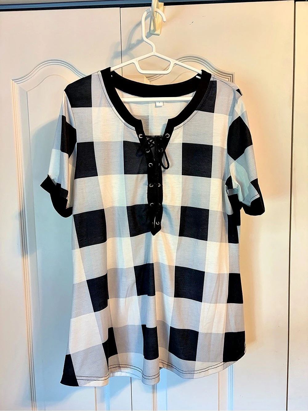 Checkered Lace-Up Tunic in Black & White Like New